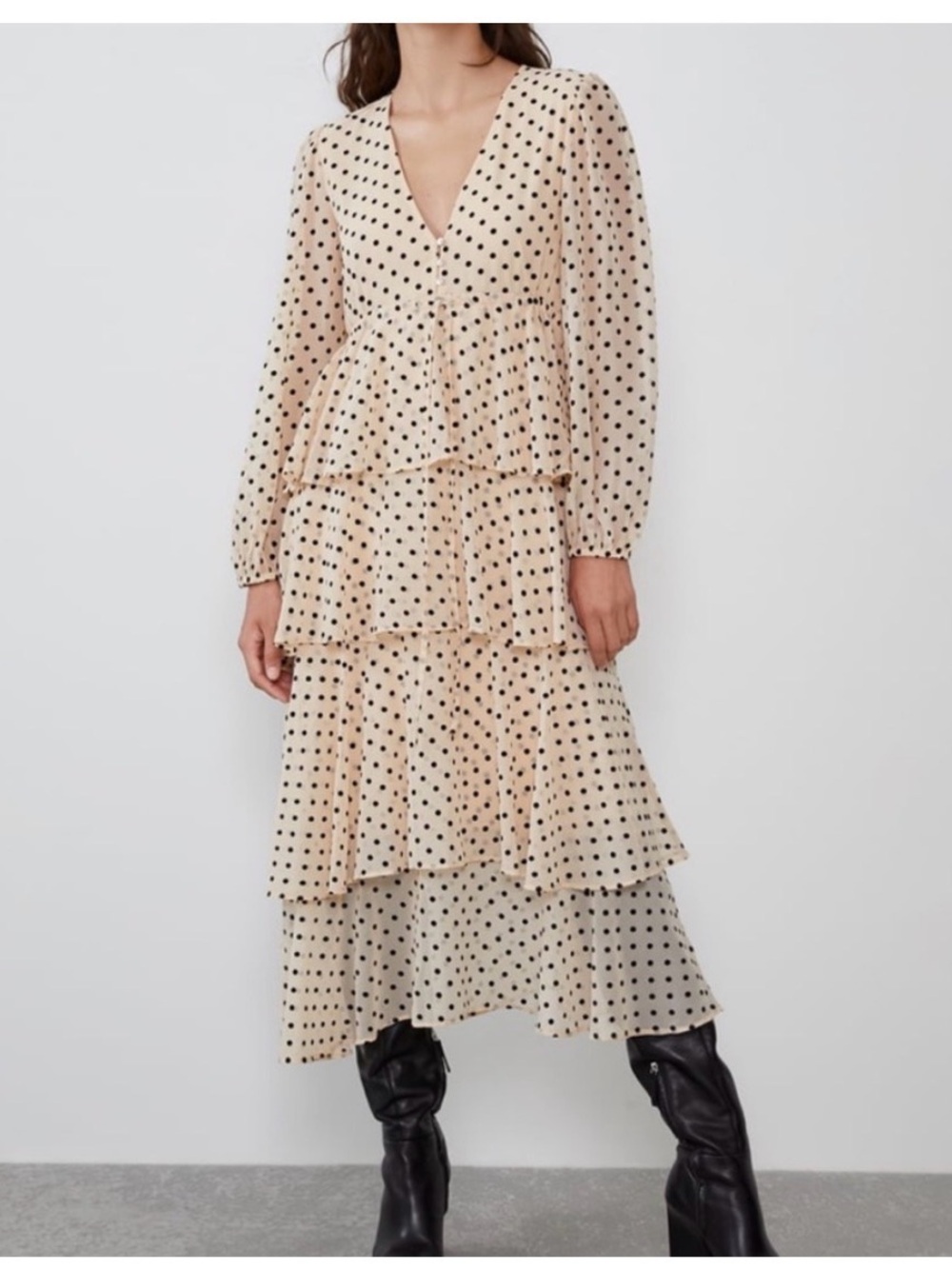Zara Beige Polka Dot Tiered Midi Dress